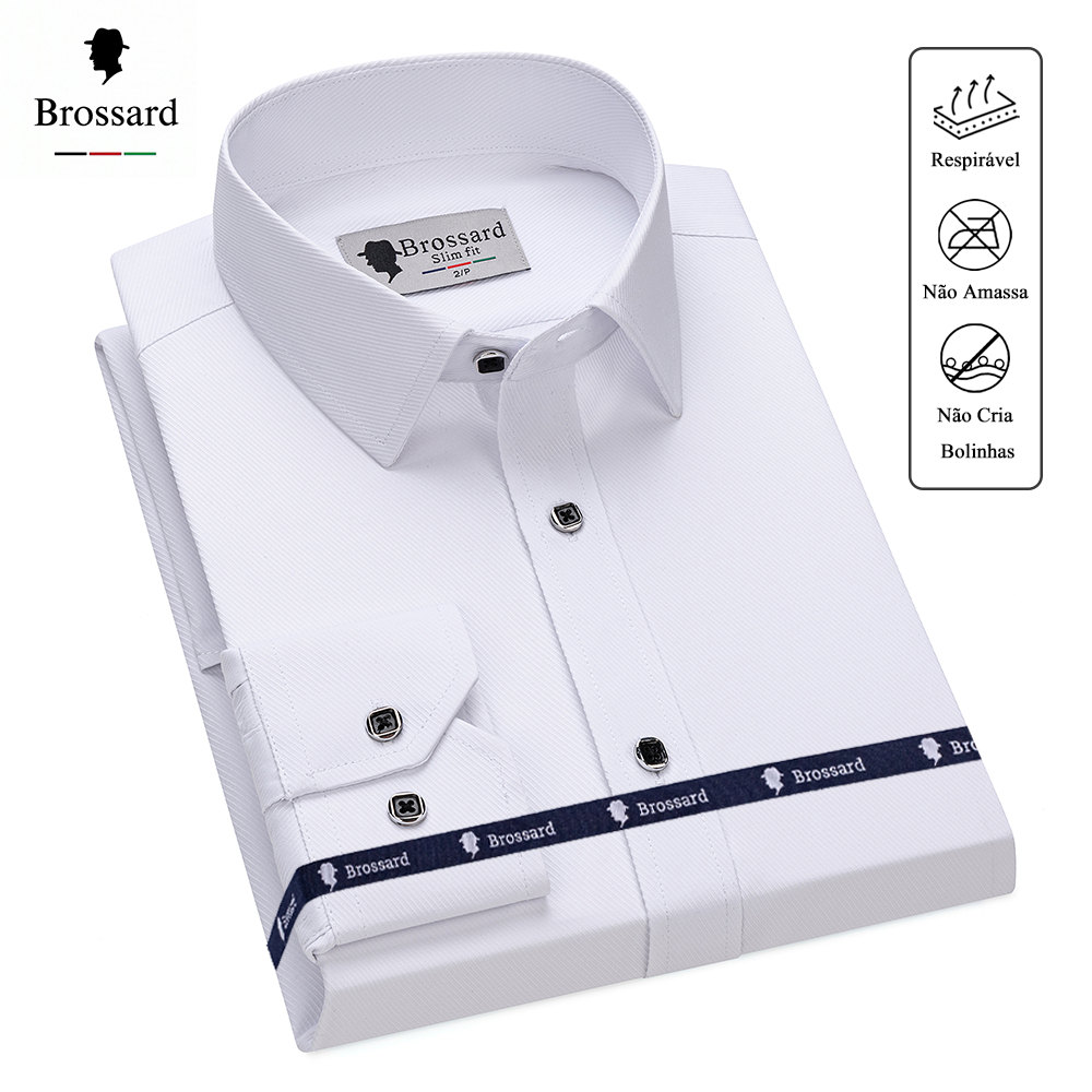 BROSSARD Camisa Social Masculina Manga Longa Slim Fit Blusa Não amassa Algodão Trabalho e Casual
