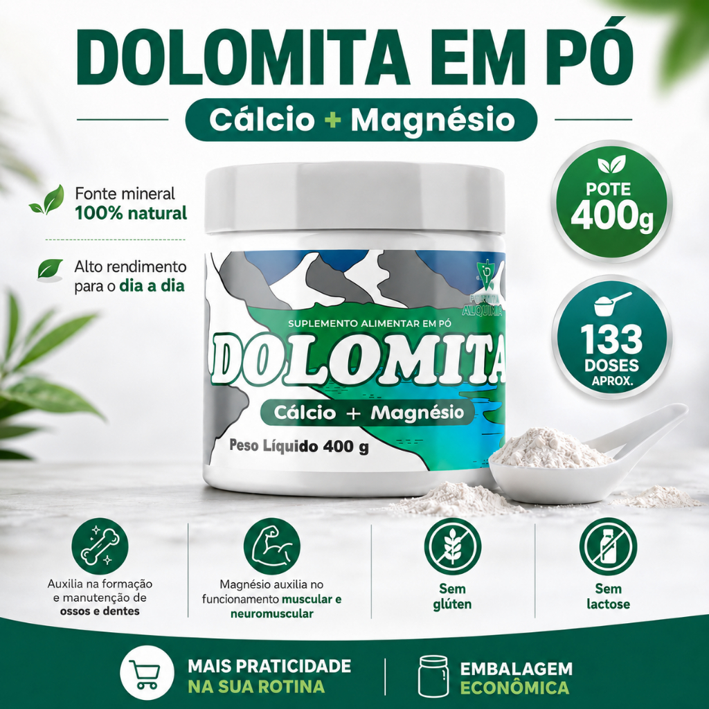 Dolomita Pó Cálcio + Magnésio Quelato - 400g | Perfeita Alquimia
