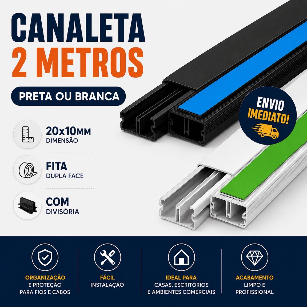 Canaleta 2 Metros Preta Branca Pvc 20x10x1000mm Com Divisória Fita Dupla Face Cotovelo