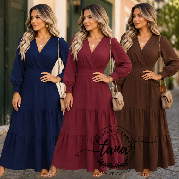 Vestido Longo Feminino Decote V cintura marcada Casual Elegante em Tecido Duna premium, Modelo Confortável e Sofisticado
