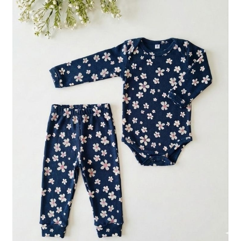 Conjunto Body Bebê e Calça Canelado Estampa Floral