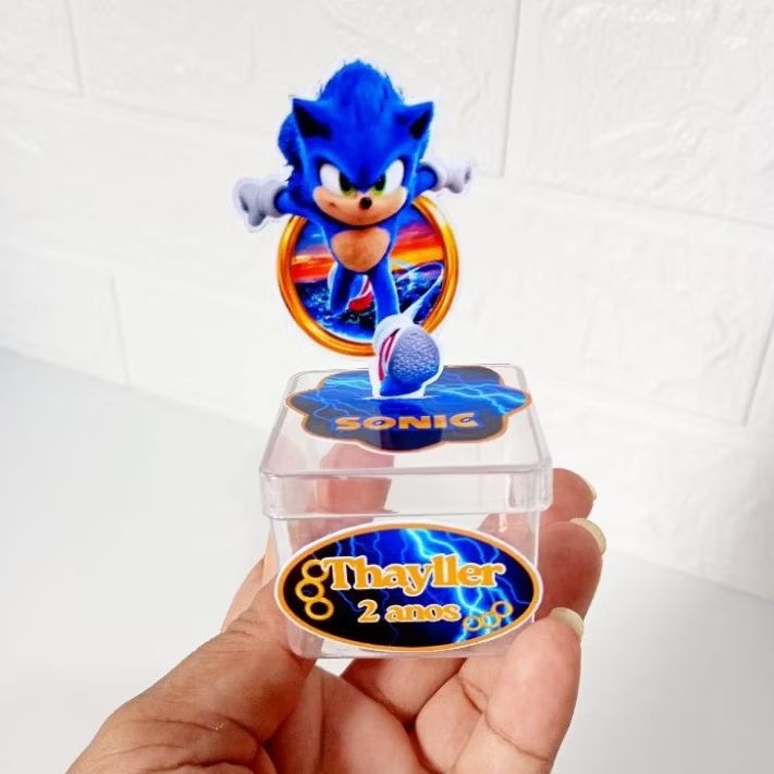 Aplique 3D personalizado para caixinha acrílica 5X5, para lembrancinhas de aniversário tema, Sonik  leia a descrição.