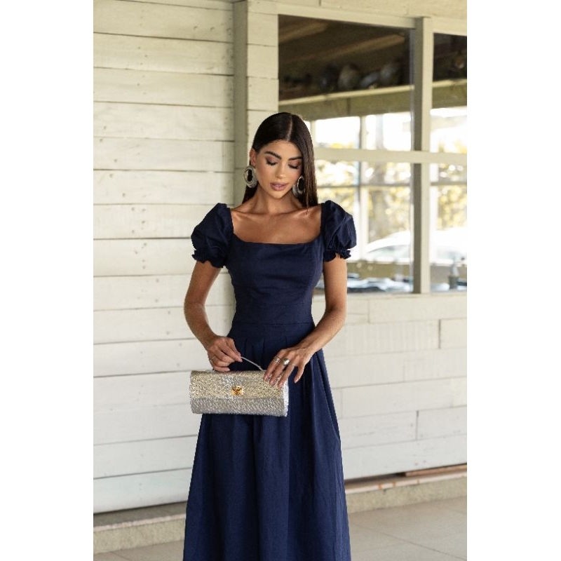 Vestido Feminino Social Midi Manga Bufante Confortável - Ideal para Festas e Trabalho Elegante Casual Tricoline Luxo