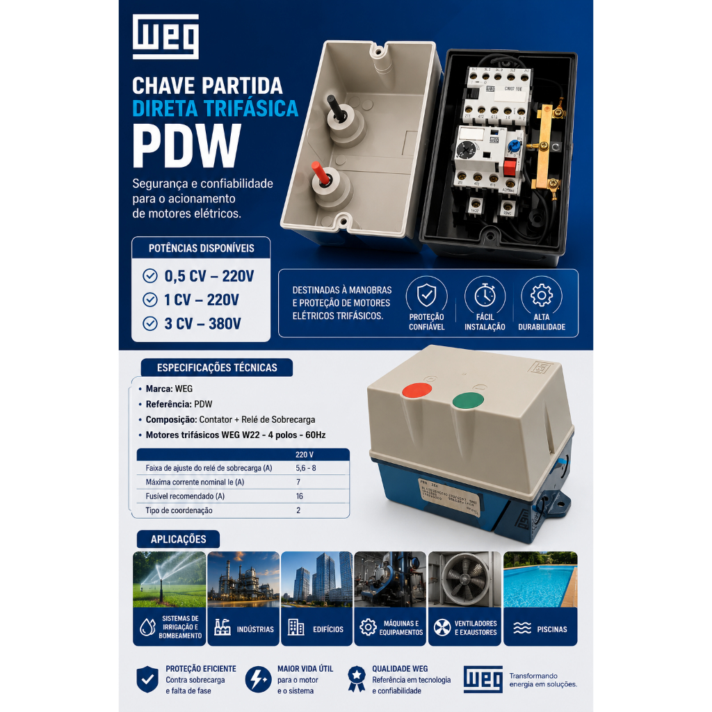 Chave Partida Direta Trifásica WEG PDW  0,5cv 220V ou 1cv-220V ou 2cv-220V, OU 3CV-380V