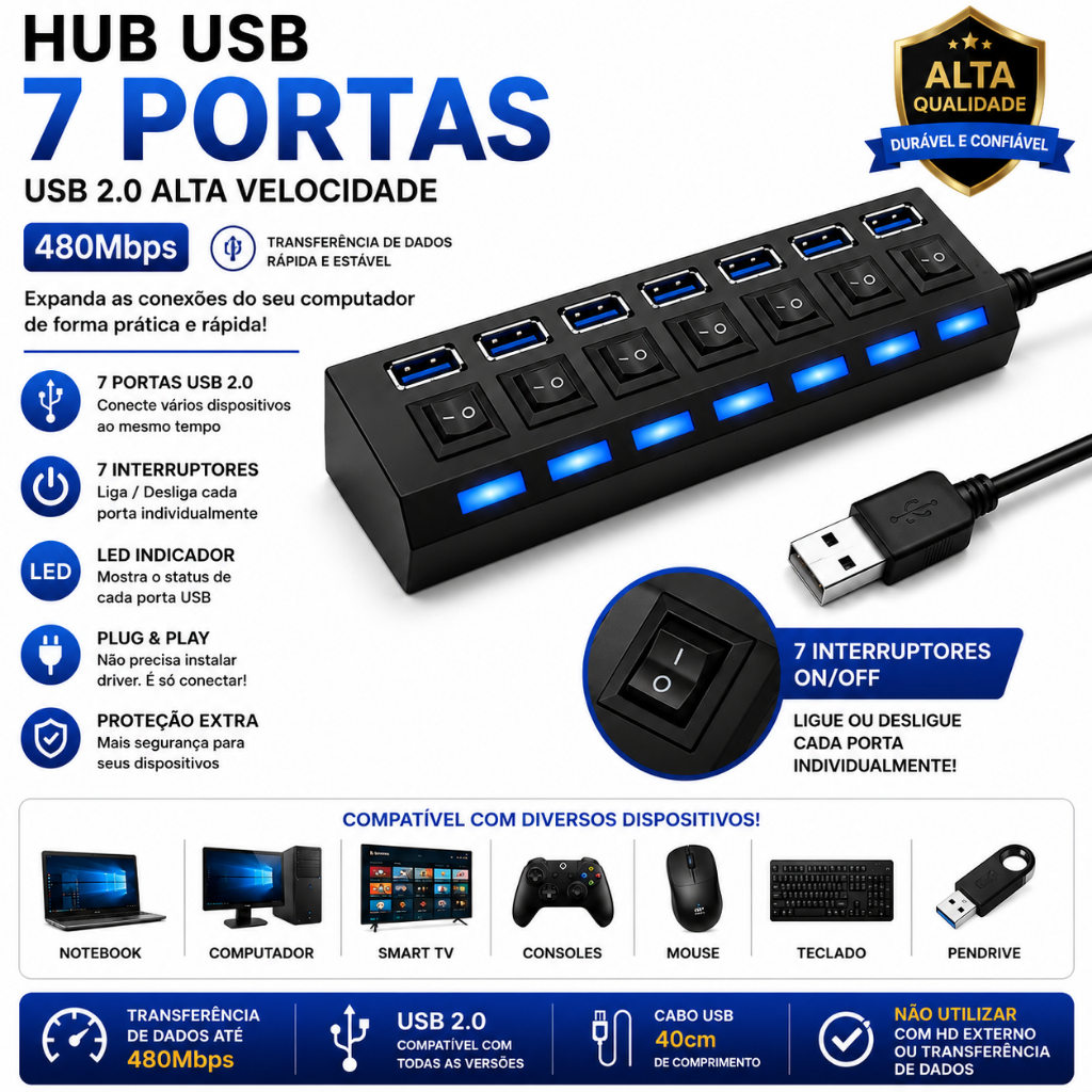 Hub USB 2.0 7 Portas com botão Individual | Extensor USB 480Mbps PC Notebook | Régua USB com LED e Chave Liga/Desliga