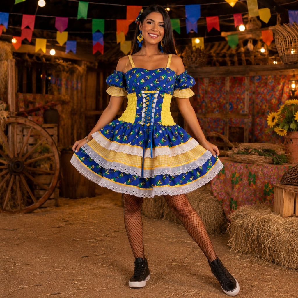 Vestido Caipira Feminino de Festa Junina Luxo Super Rodado Acinturado Junino - Look Copa do Mundo