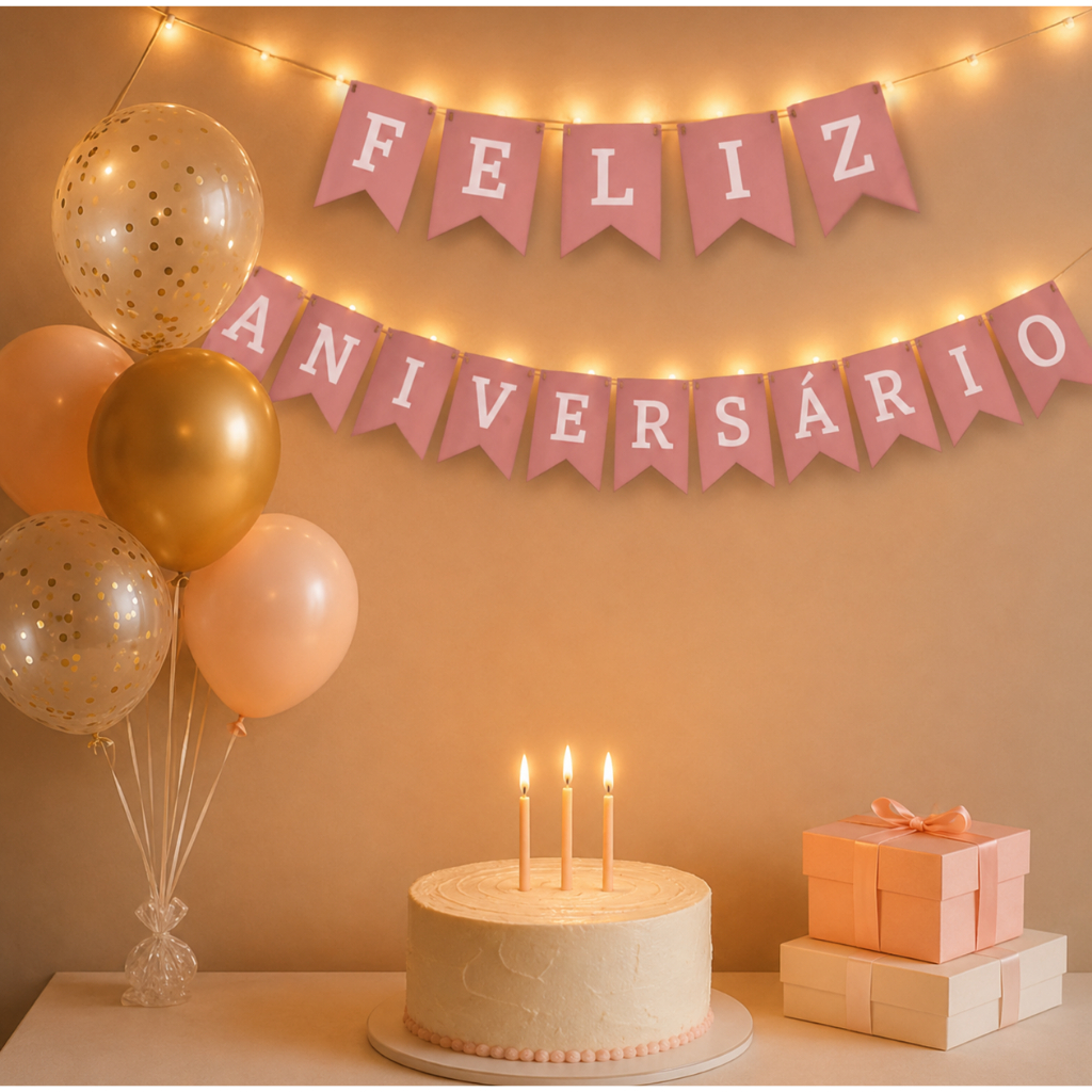 Kit Bandeira + 2 LEDs  Pisca Pisca Fio de Fada 2 metros - Feliz Aniversário  - ( Led 3 modos de Luz)