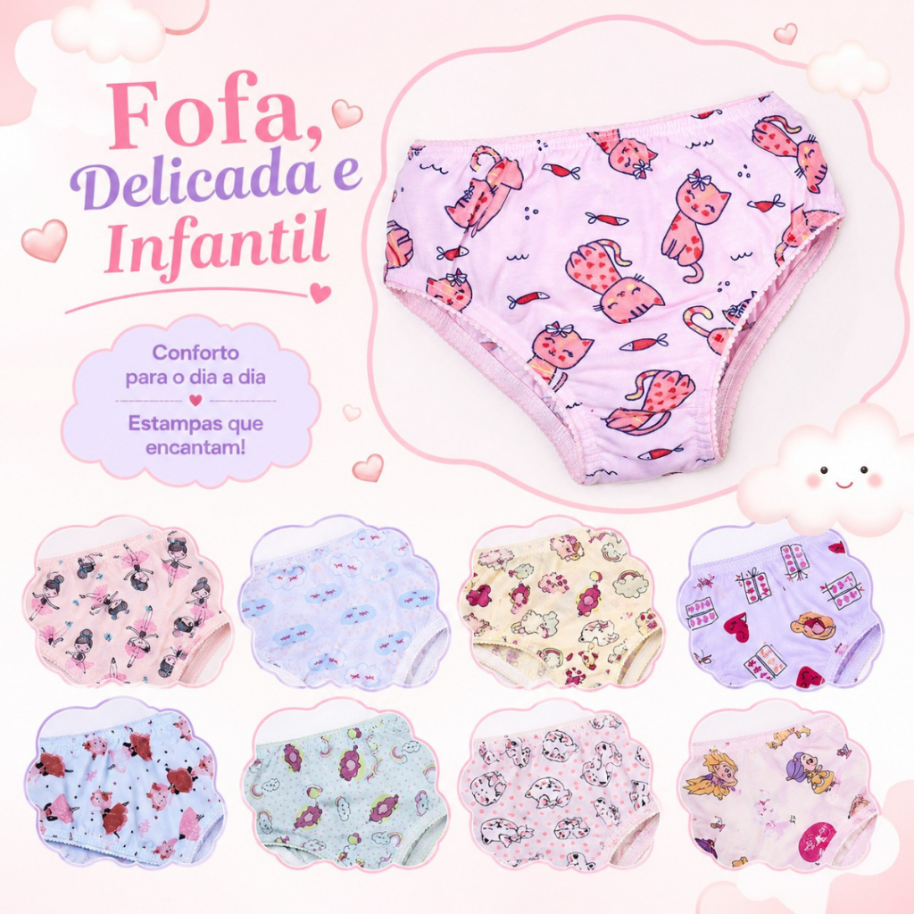 Kit 5 Calcinhas Infantis Menina Malha PP Confortáveis Elástico Macio Forro 100% Algodão 1 a 8 Anos