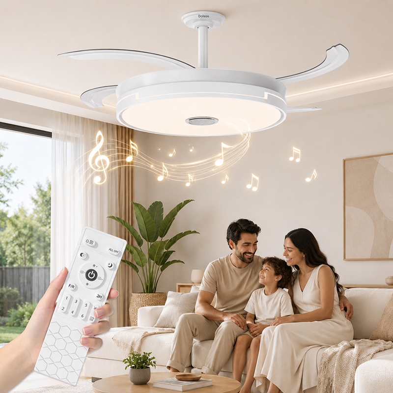 Ventilador de Teto Retrátil 42" Com Luz LED Som Integrado Controle Remoto Motor DC Silencioso Bivolt
