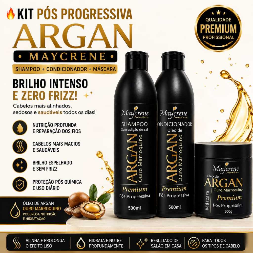 Kit de Tratamento Pós Progressiva Argan Premium Shampoo Condicionador e Máscara De Argan Marroquino Maycrene