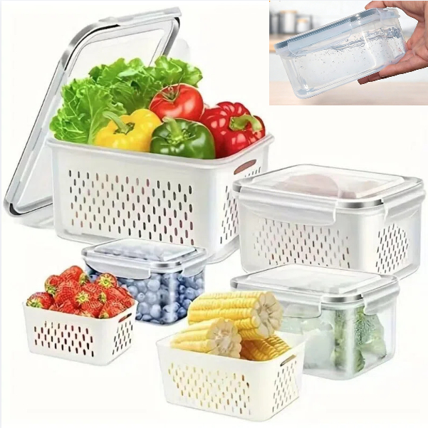 Kit 3 Organizadores Potes Hermetico Geladeira 850ML/1750ML/3300ML Alimentos Vegetais