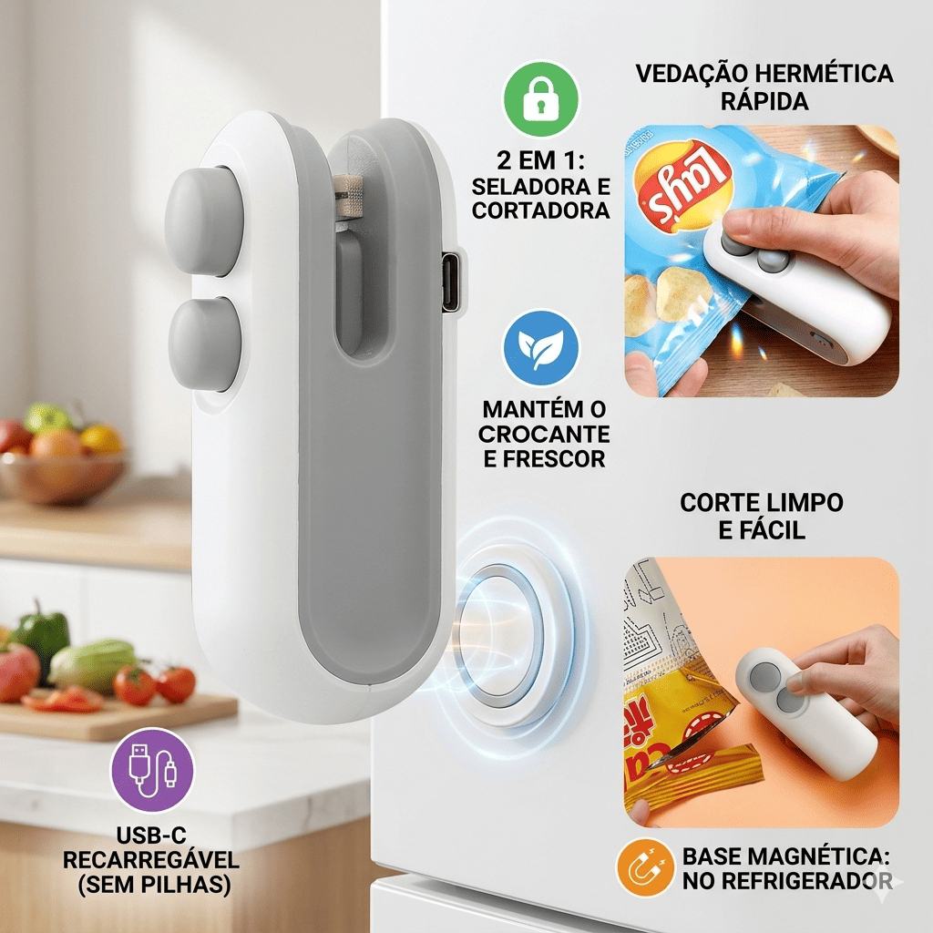 【MANTÉM O CROCANTE】Mini Seladora de Saco Plástico Recarregável USB 2 em 1 Portátil Cortador de Embalagem Cozinha