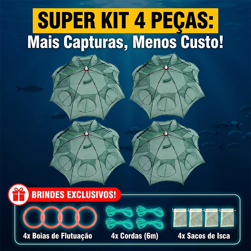 Kit 4 Armadilha Covo Peixe Isca Viva Lambaris Camarões 95x95cm/ peixes com 8 entradas Rede Retrátil