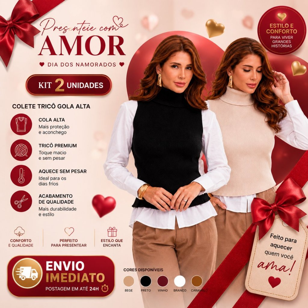 KIT 2 Colete Blusa Feminina Tricot Gola Alta Sem Manga Elegante Outono Inverno Moda Tendência 2026
