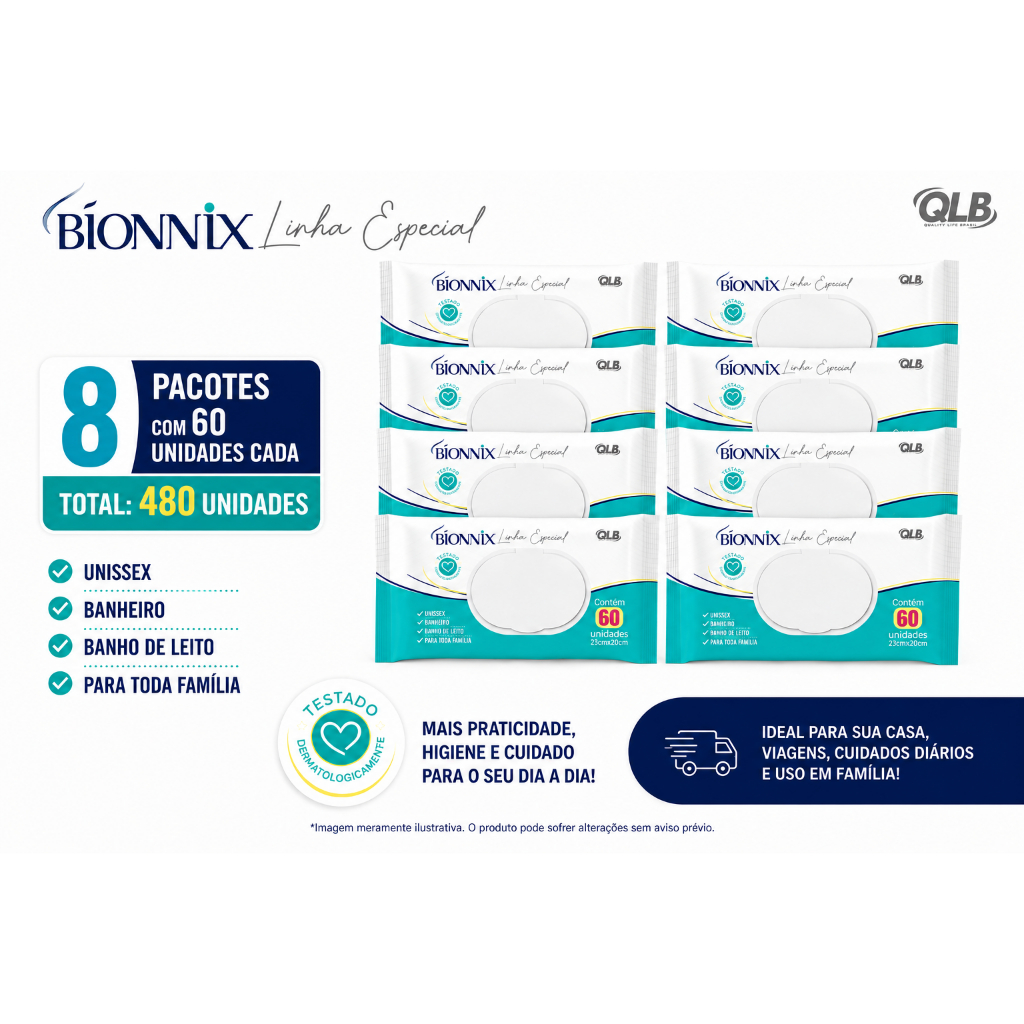 Caixa com 8 Lenços/Toalhas Umedecidas adulto Bionnix c/60 Unidades Cada - Tampa FlipTop - Tecido Premium