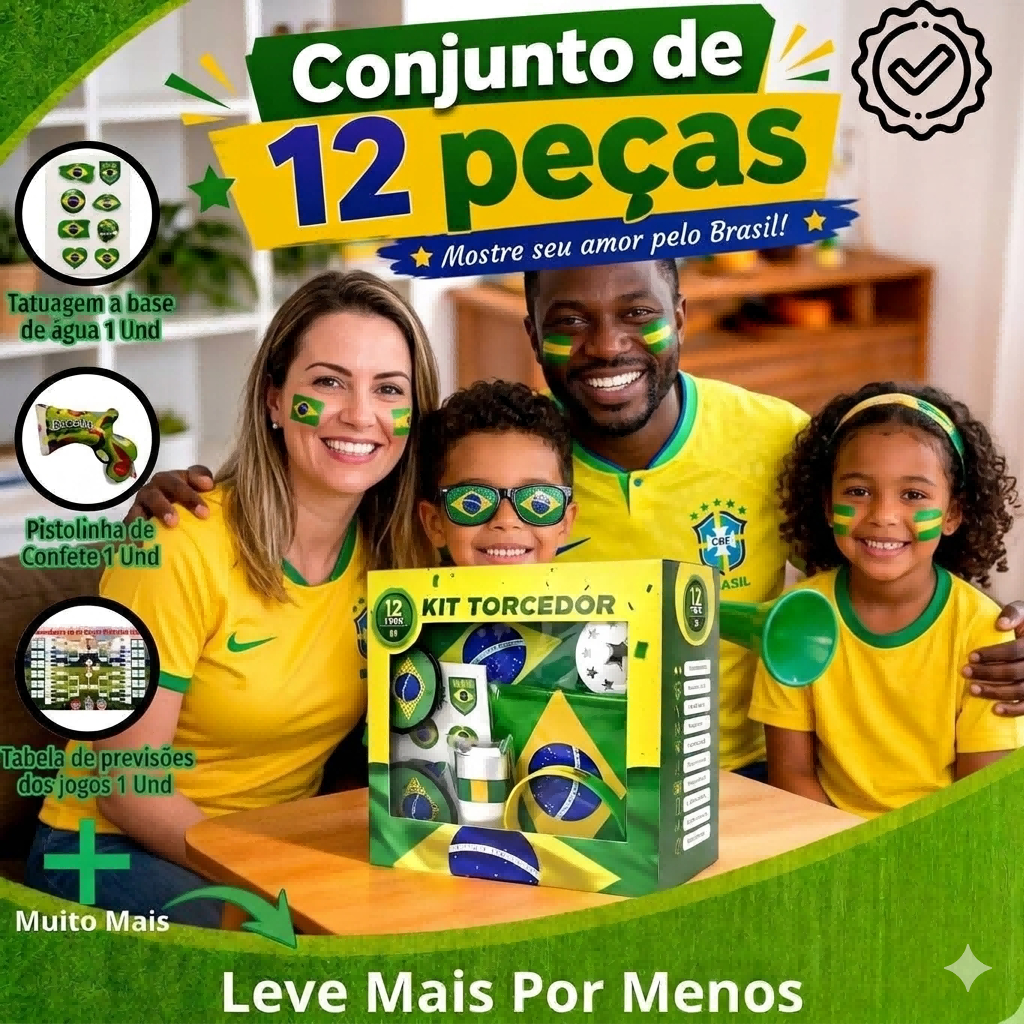 Kit Torcedor Copa do Mundo 2026 Brasil 12 Itens Torcida Bandeira Brasileira Óculos Pulseira Adesivos