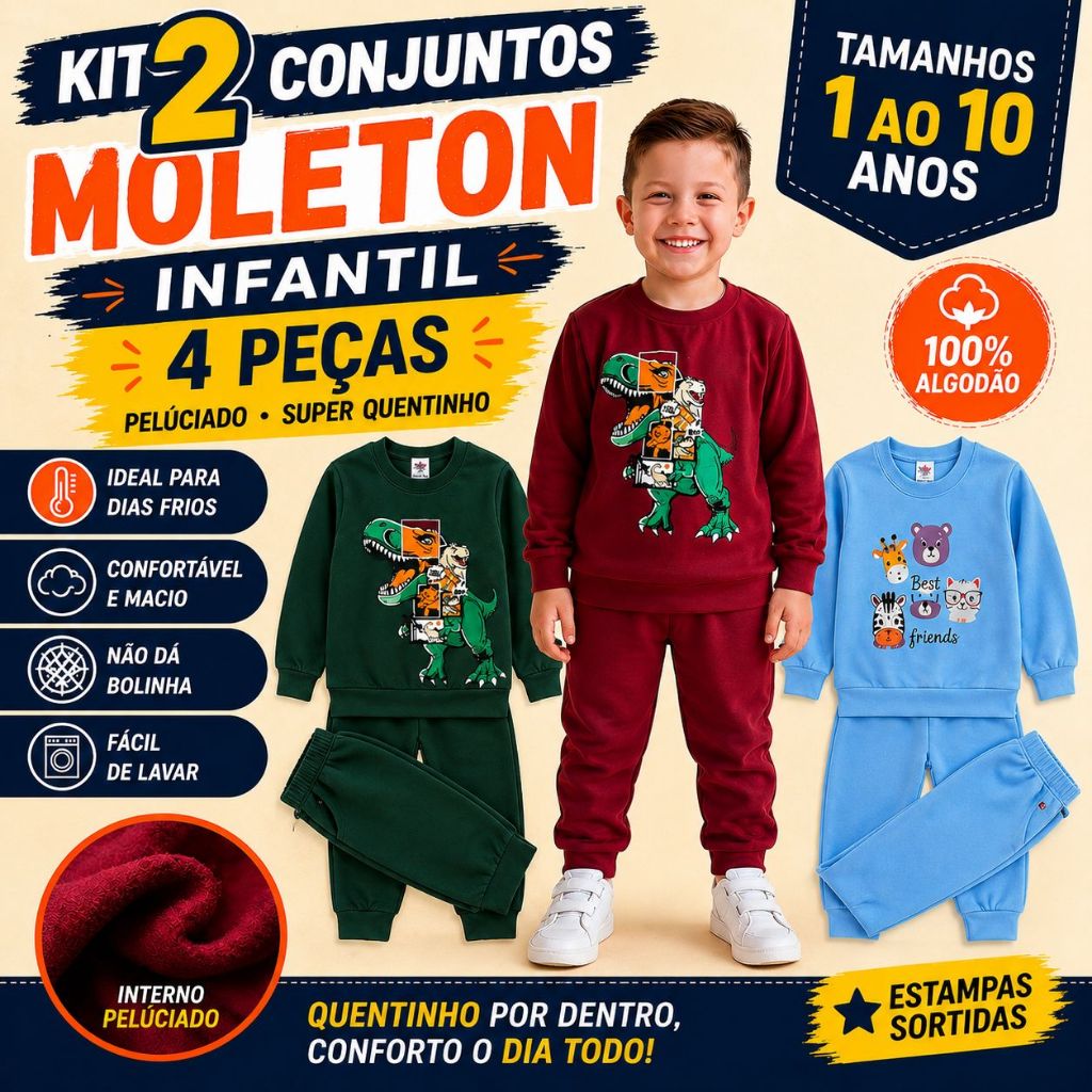 Kit 4 peças 2 Conjuntos De Moletom Peluciado Infantil Inverno Menino Roupa Infantil Quentinho Tamanho 1 ao 10 Anos