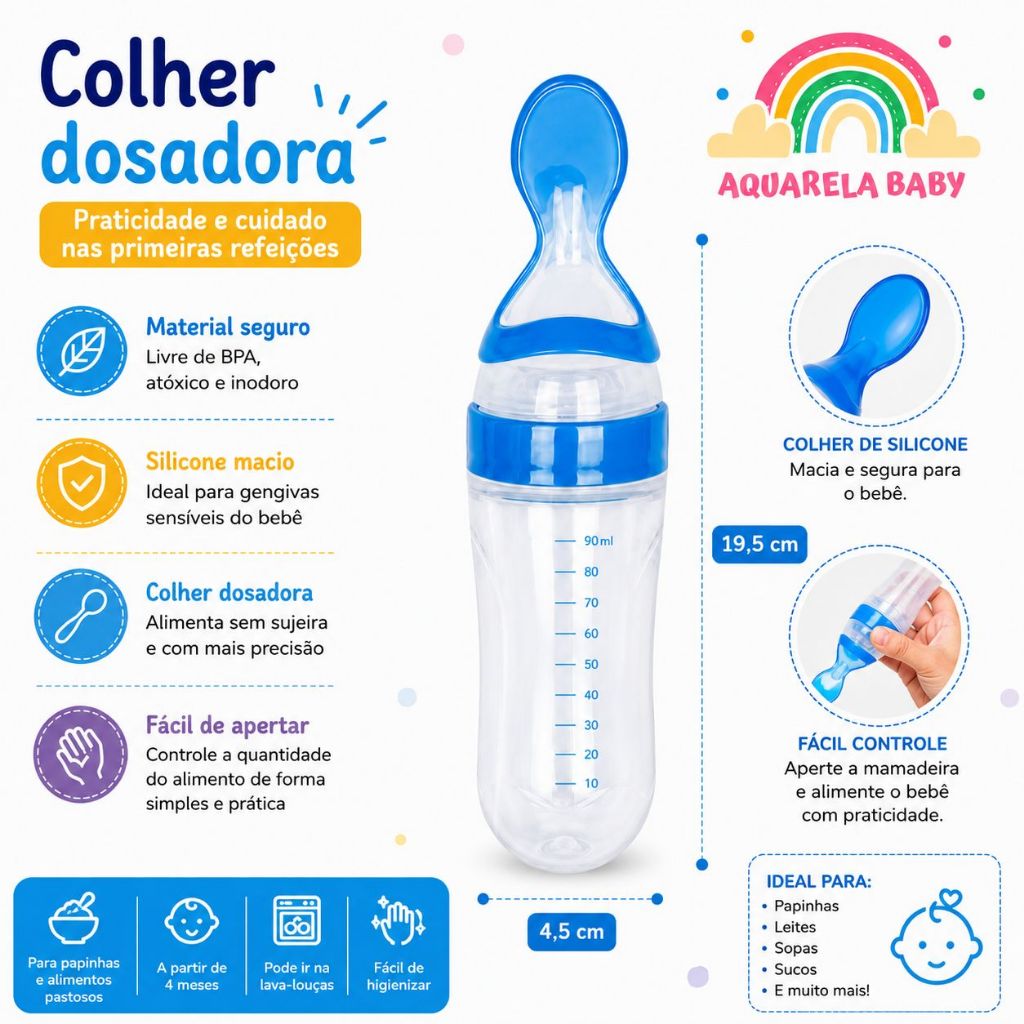 Colher Dosadora para Bebê em Silicone Alimentação Azul Menino Rosa Menina