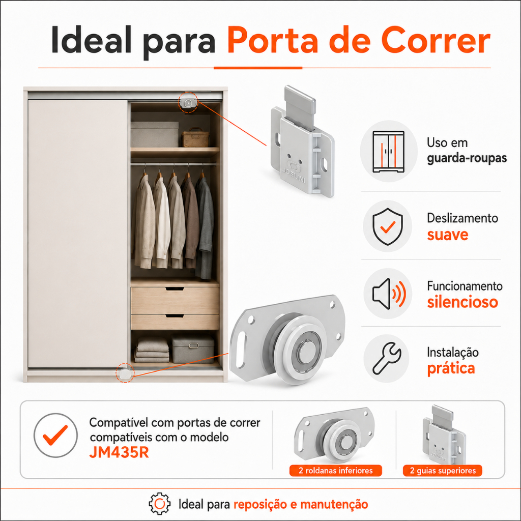 Kit Roldana Inferior 33mm Porta de Correr Guarda Roupa Joelini JM435R 40kg