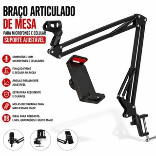 Braço Articulado de Mesa para Microfones e Celular Suporte Ajustável para Estúdio e Grava…