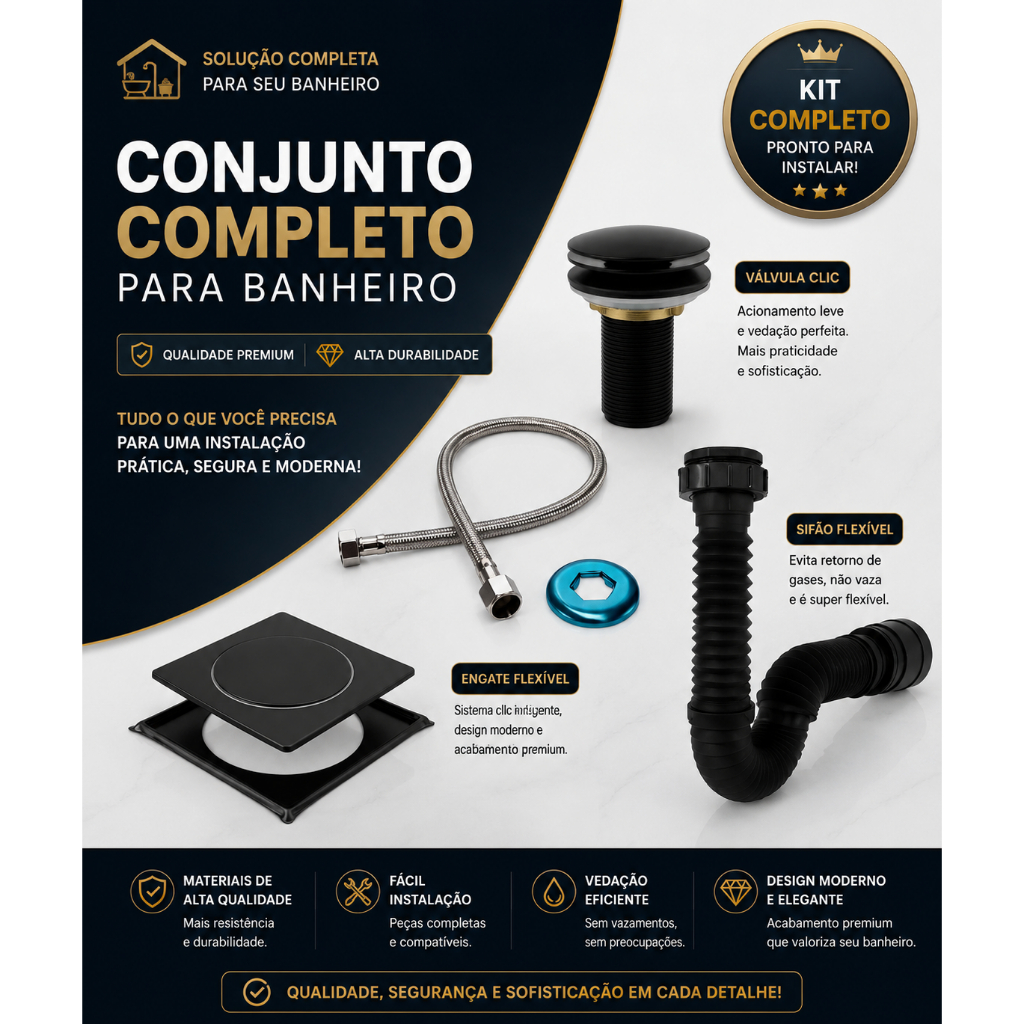 Conjunto, Ralo Clic, Valvula Clic, Sifao, Engate Inox, Conjunto Preto Para Banheiro