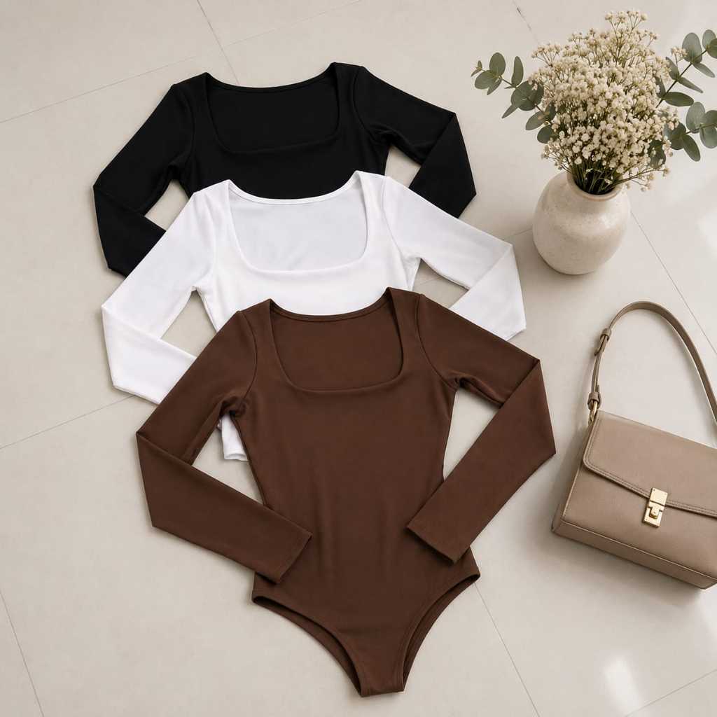 Kit 2 Body Feminino Manga Longa Decote Quadrado Suplex Forrado Premium Tendência Outono Inverno