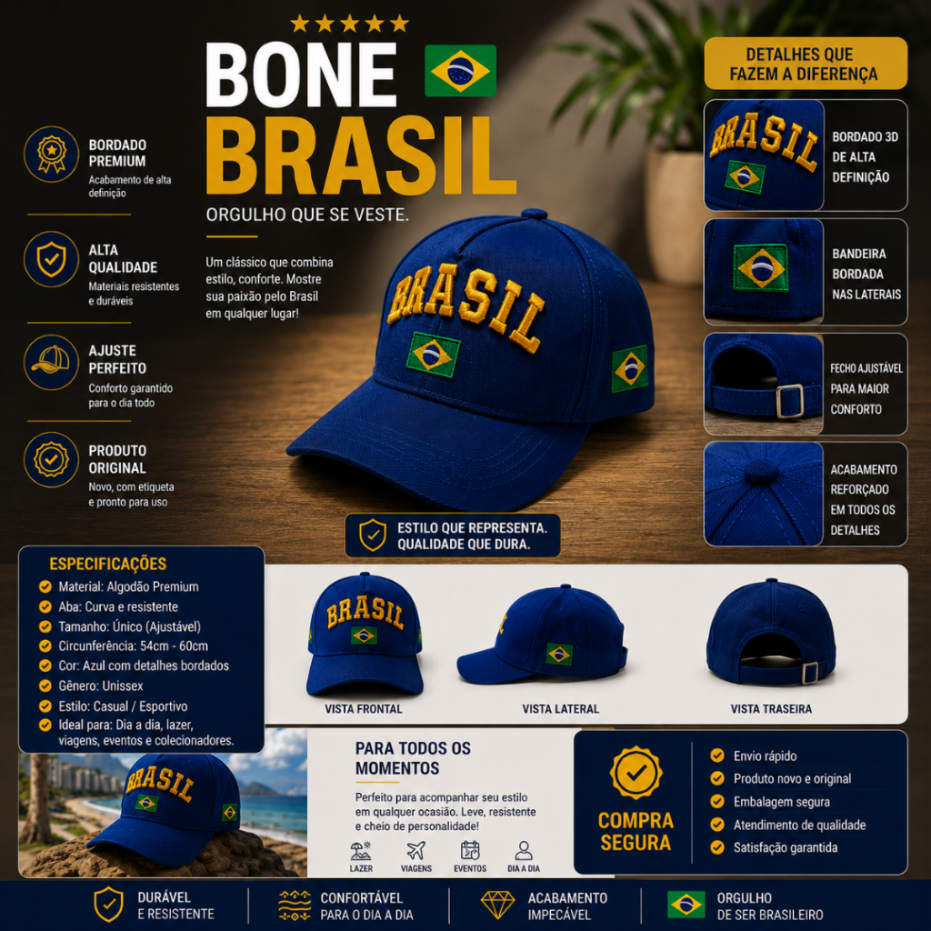 Boné da Seleçao Brasileira Bordado Copa 2026 Brasil Hexa