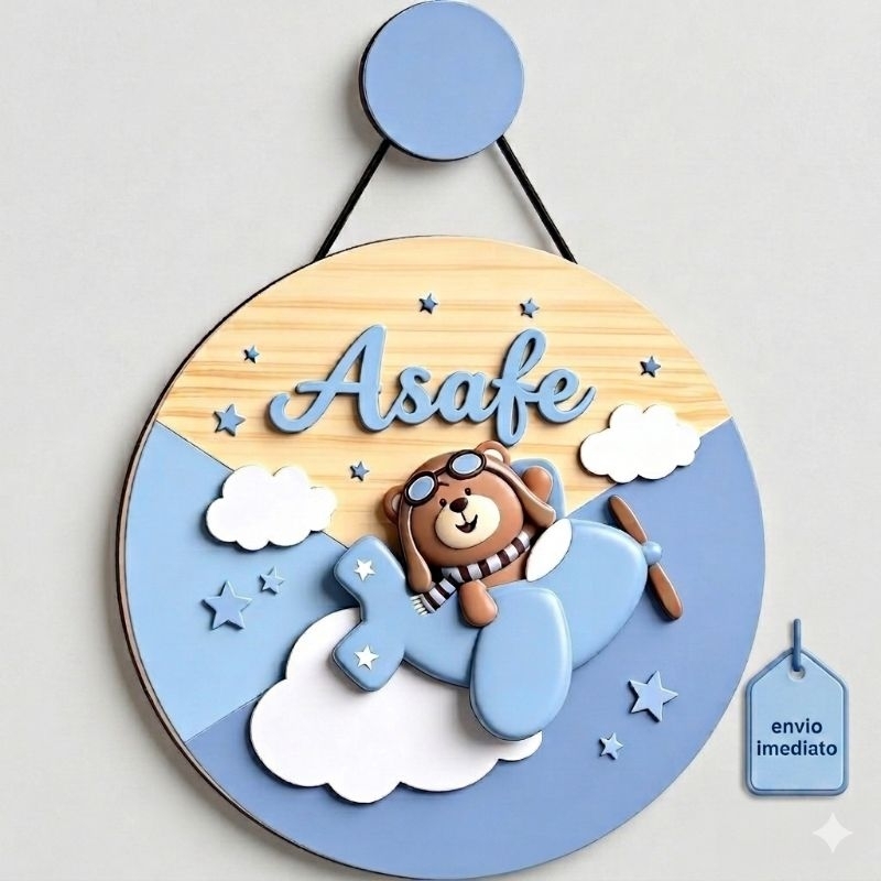 enfeite porta maternidade ursinho aviador em MDF personalizado
