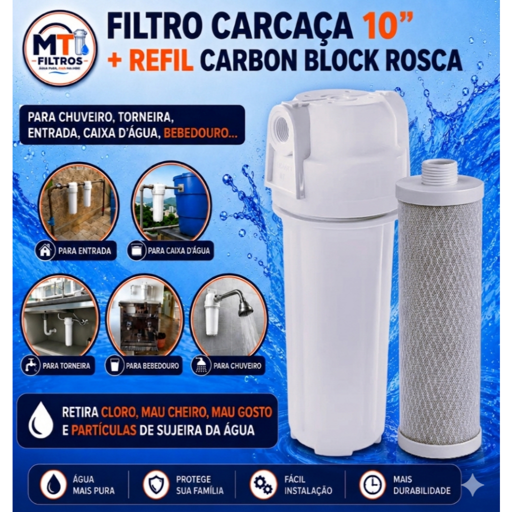 Filtro de Água Carvão Ativado Redução de Cloro caixa dágua, cavalete, torneira, bebedouro, chuveiro.