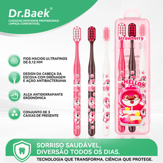 Dr.Baek Escova de Dentes com Cerdas Macias, Design Strawberry Bear,Kit 3 Cores,Viagem/Uso doméstico