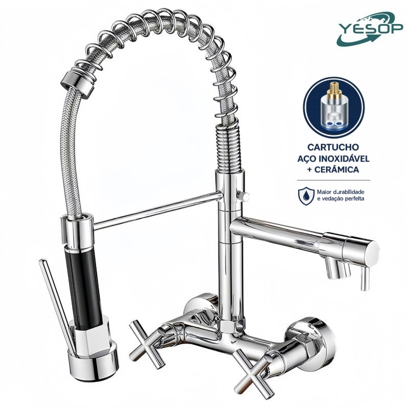 Torneira Cozinha De Parede Gourmet Misturador Quente E Frio Cromada Brilhante Yesop