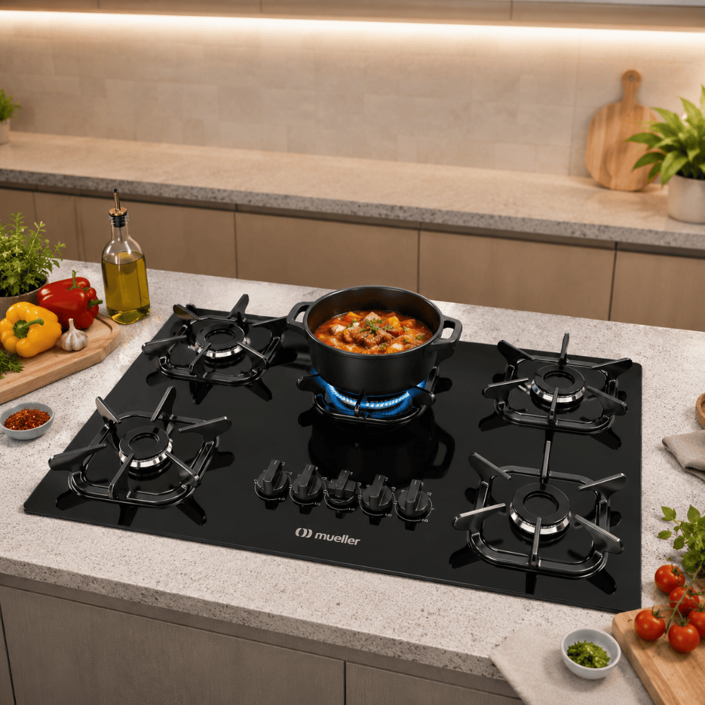 Cooktop Mueller 5 bocas com Ultra Chama e Grades de Ferro Fundido