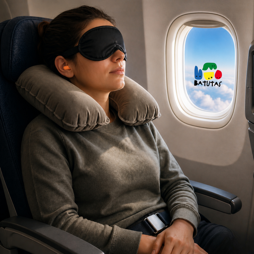 Almofada Travesseiro Pescoço Viagem Inflável Conforto Kit 3 peças Tapa Olho Protetor Ouvido