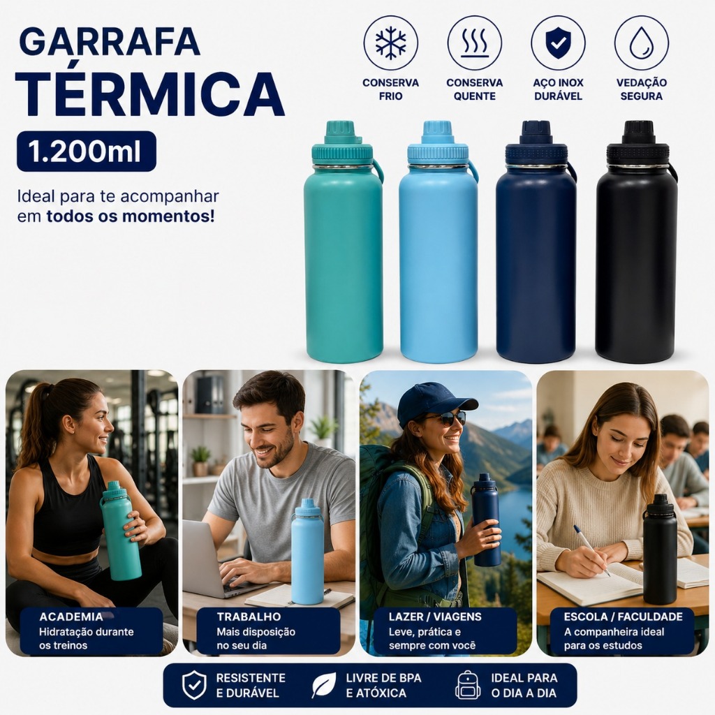 Squeeze Térmica Inox 1.200ml - Garrafa Térmica 1200ml Mantém Gelado por Horas