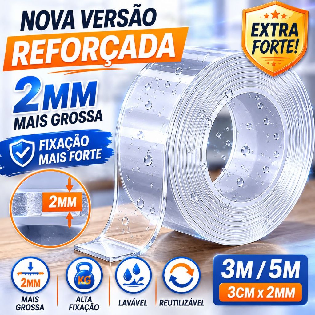 Kit Fita Nano Dupla Face Espessa 3M 5M 10M Extra Forte Transparente Lavável