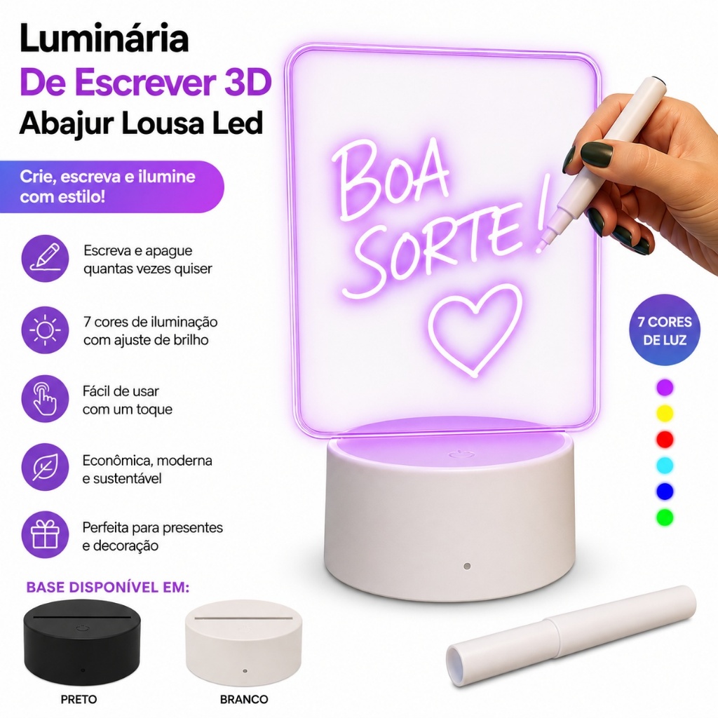 Luminária De Escrever 3D Abajur Lousa Led Quadrado Anotações Acrílico e Caneta Escreve Paga