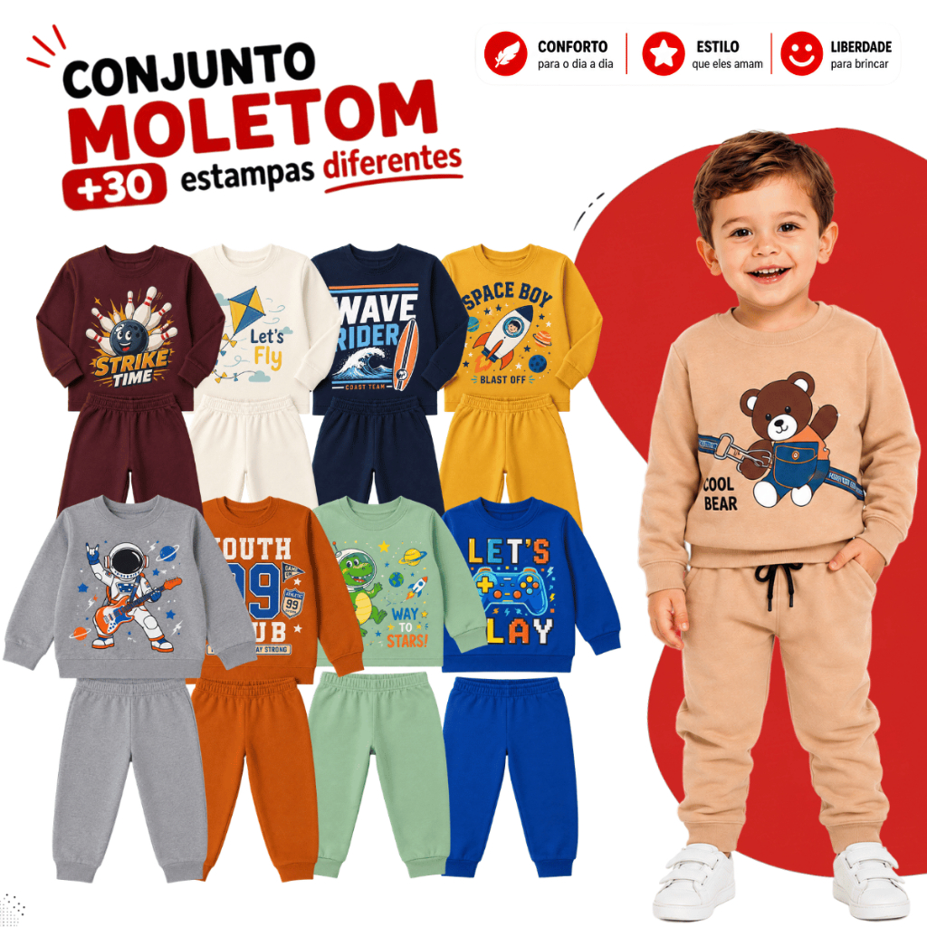 Kit Sortido 6 Peças Roupas Masculino Infantil Inverno –3 blusas + 3 calças de 1 ao 8–Kit 3 Conjuntos