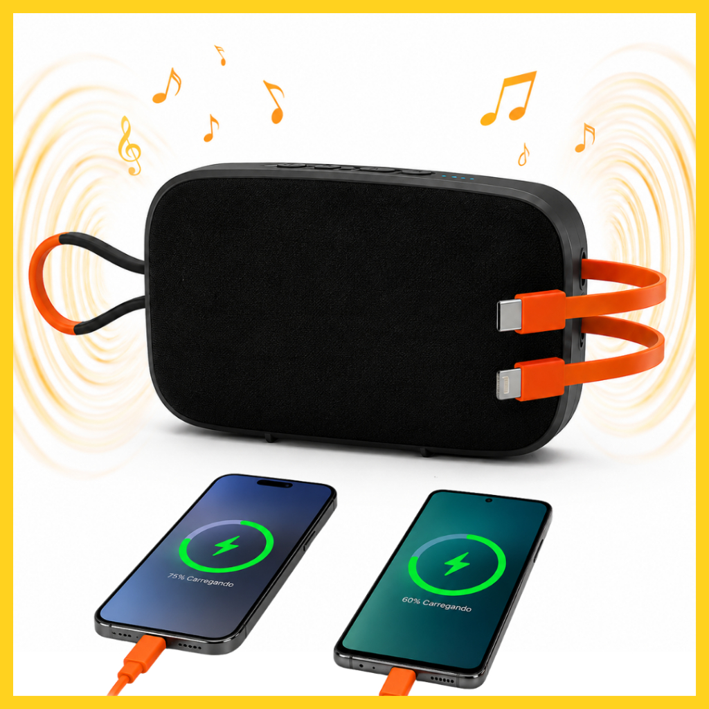 Caixa de Som Portátil 30W com Power Bank Carregador 5000 mAh Integrado Bluetooth Cabo Tipo C e Lighting Android e iPhone