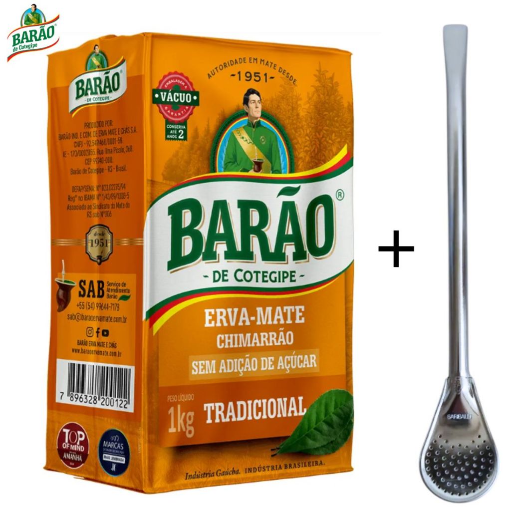 KIT CHIMARRAO Erva Mate Barao a Vacuo Tradicional 1Kg + Bomba Clássica 17cm Luxo
