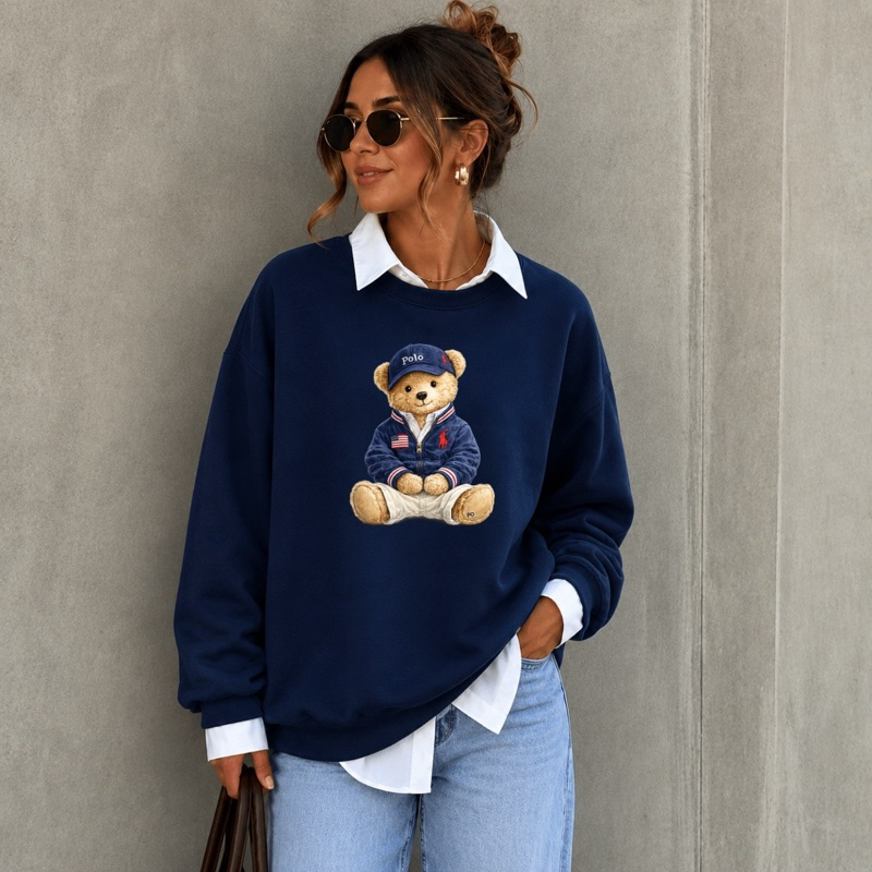 Moletom Sueter Feminino Algodão Flanelado Sem Capuz Urso Polo Bear Blusa De Frio Tendência Casual Blogueira Casaco