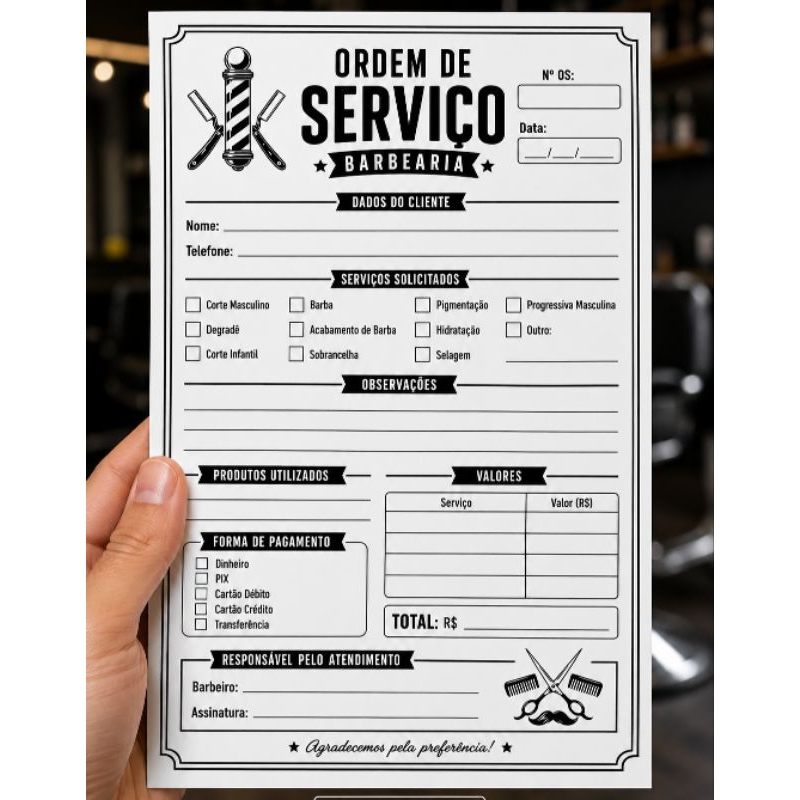 Bloco Ordem de Serviço Barbearia 14x20 cm | Ficha Atendimento Barbeiro Corte Barba Agendamento