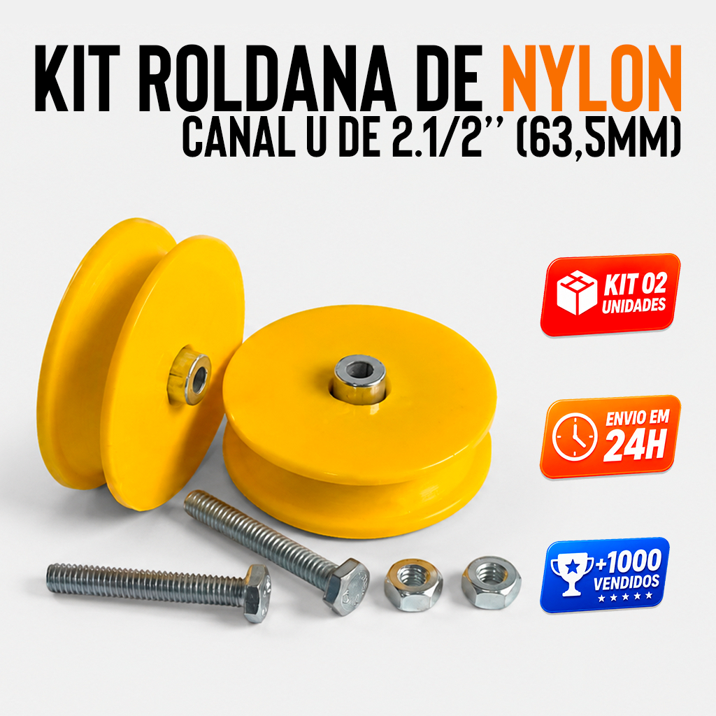 Roldana Para Portão de Correr 2.1/2 Polegadas 64mm Kit 2 Unidades em Nylon Canal U