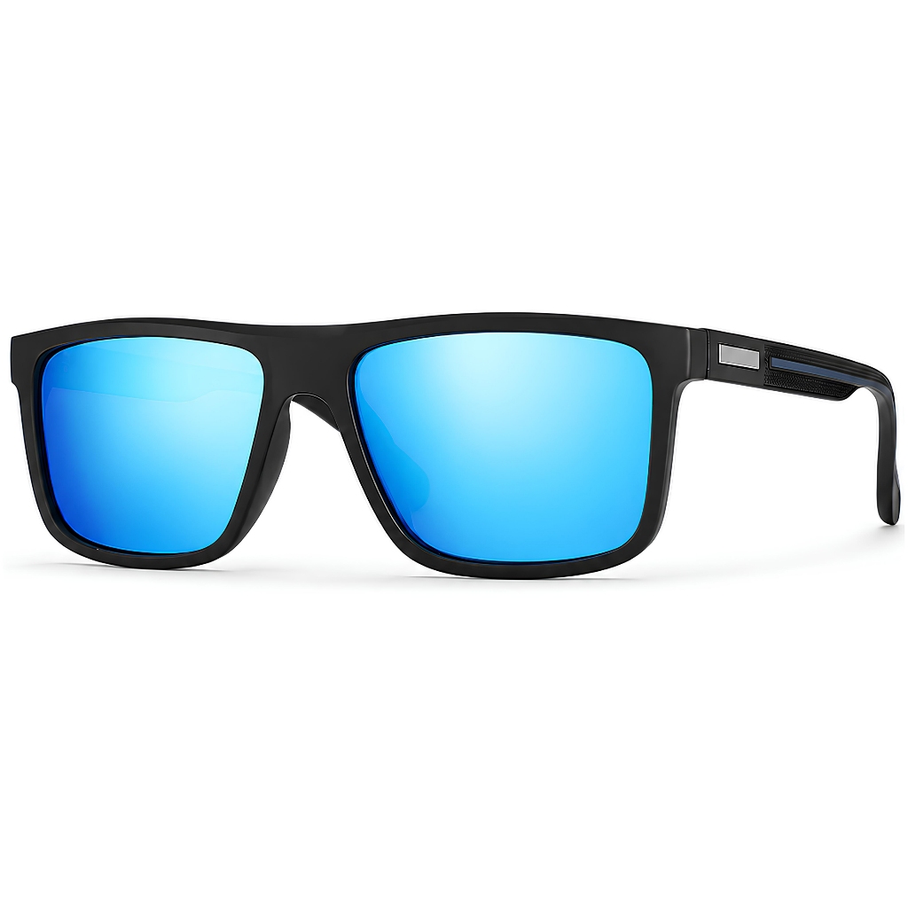 Óculos de Sol Masculino Polarizado Proteção UV 400 Formato Quadrado Armação Preto Lente Azul Espelhada Original VH 6286