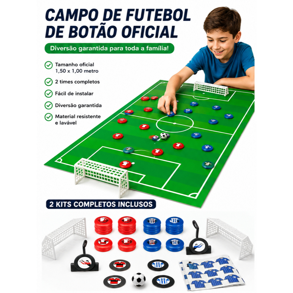 Kit Futebol de Botão Campo Adesivo Laminado + 2 Times Coloridos Peteleco Jogo Brinquedo para Mesa