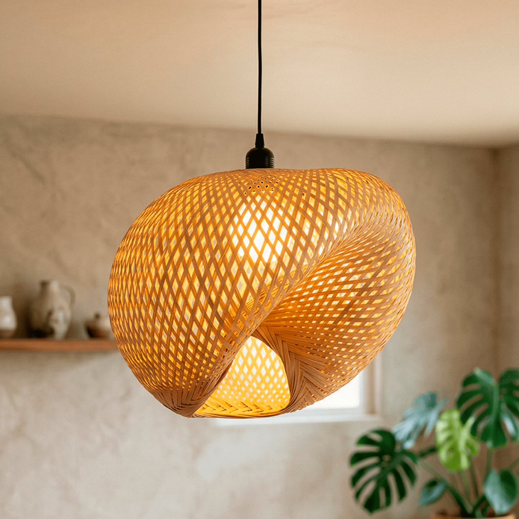 Lustre Pendente Vireon Bambu Natural 40x30cm Cúpula Artesanal Boho E27 Bivolt Sala Quarto