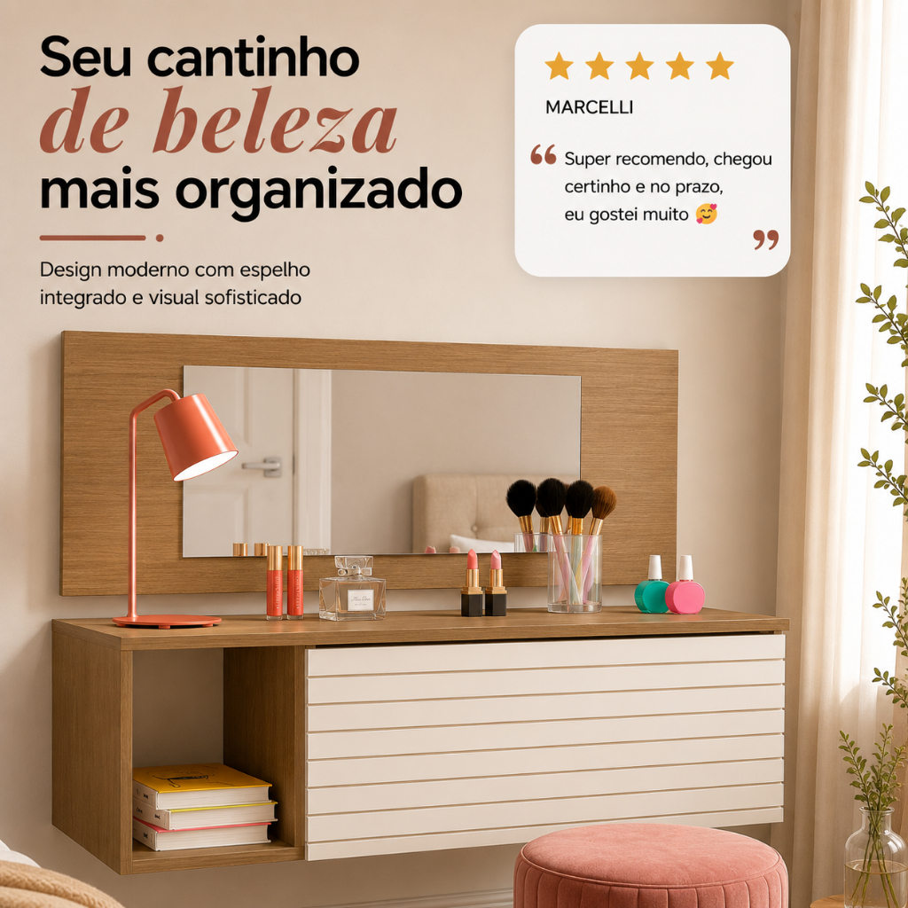 Penteadeira Suspensa Com Gaveta e Espelho Joy Para Maquiagem E Skin Care