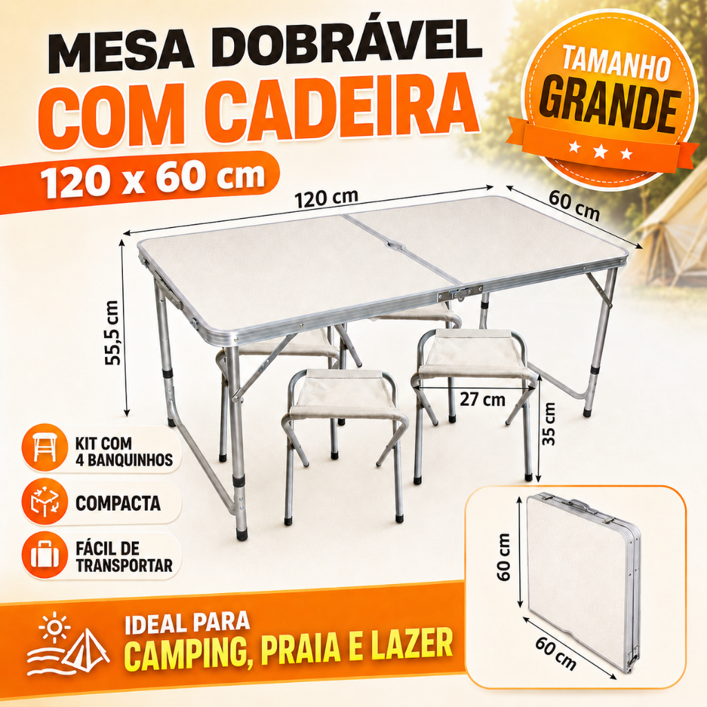 Mesa Dobrável COM CADEIRA Ajustável Portátil 120x60cm Branca para Camping Praia Churrasco