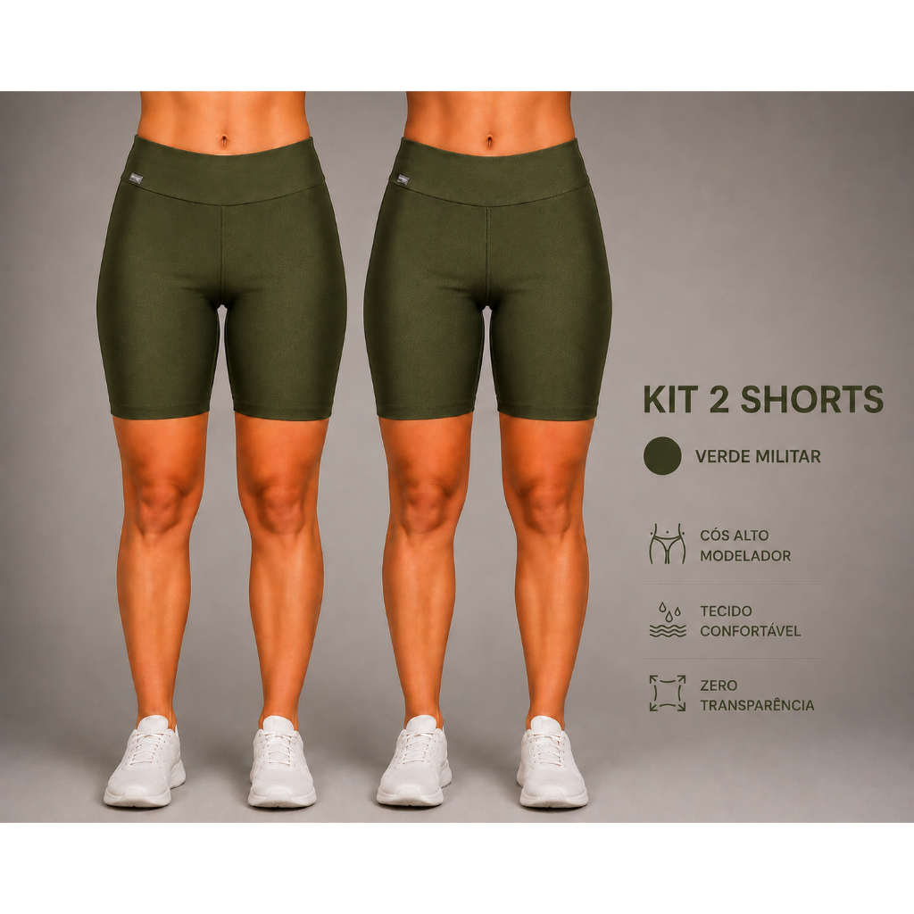 Kit 2 Shorts em Poliamida Canelada Zero Transparência verde Militar e Verde Militar.