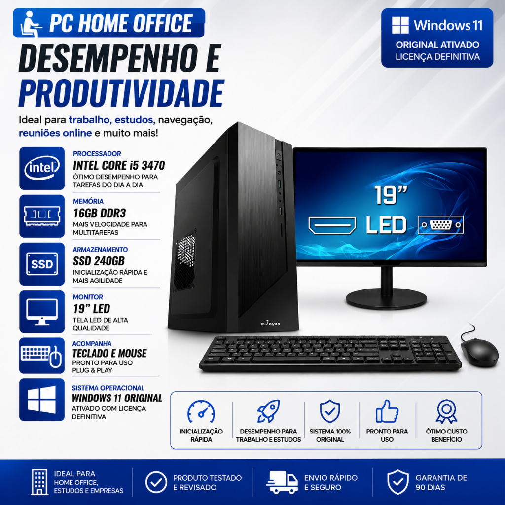 PC COMPLETO HOME OFFICE INTEL I5 3470 - 16GB - SSD 240GB - WINDOWS 11 ORIGINAL MONITOR ATIVADO COM LICENÇA DEFINITIVA