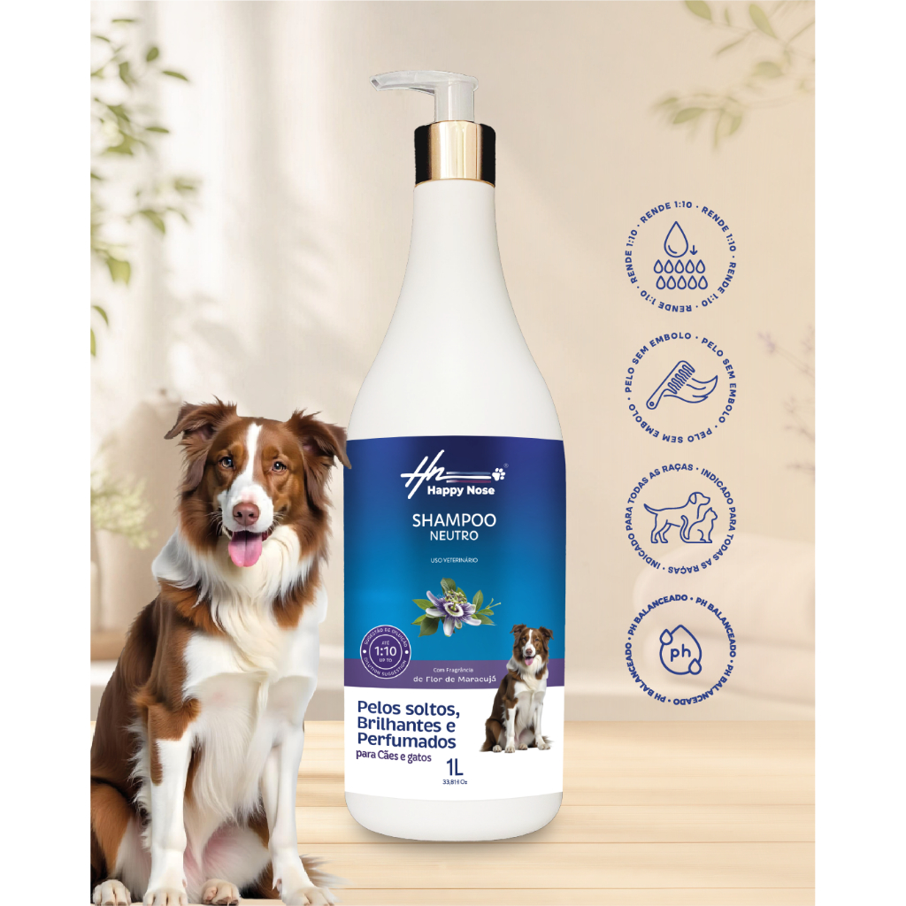 Shampoo Neutro Cães e Gatos Happy Nose | pH 7.0 | Hipoalergênico | Alto Rendimento 1:10 | 1L